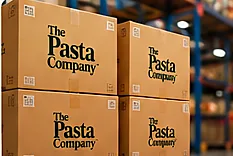 Printed shipping cartons of The Pasta Company stacked on a pallet