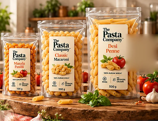 Packs of The Pasta Company pasta on a kitchen counter beside fresh tomatoes and basil