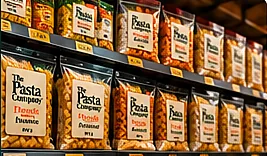 Shelves of The Pasta Company packs in a kirana store